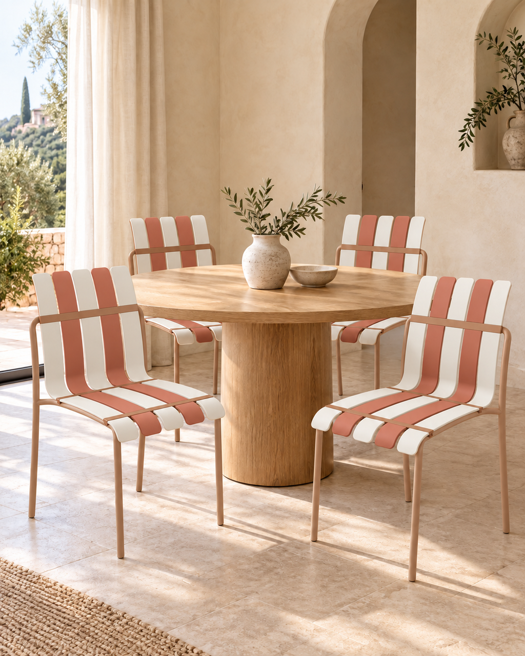 Ondara Striped Dining Chairs, Nude Beige & White – Set of 4 styled in a dining room; table and accessories not included.