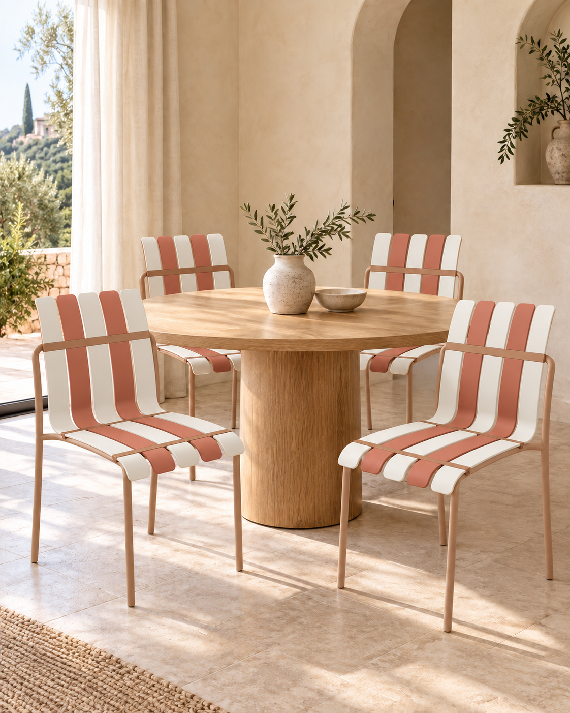 Ondara Striped Dining Chairs, Nude Beige & White – Set of 4 styled in a dining room; table and accessories not included.