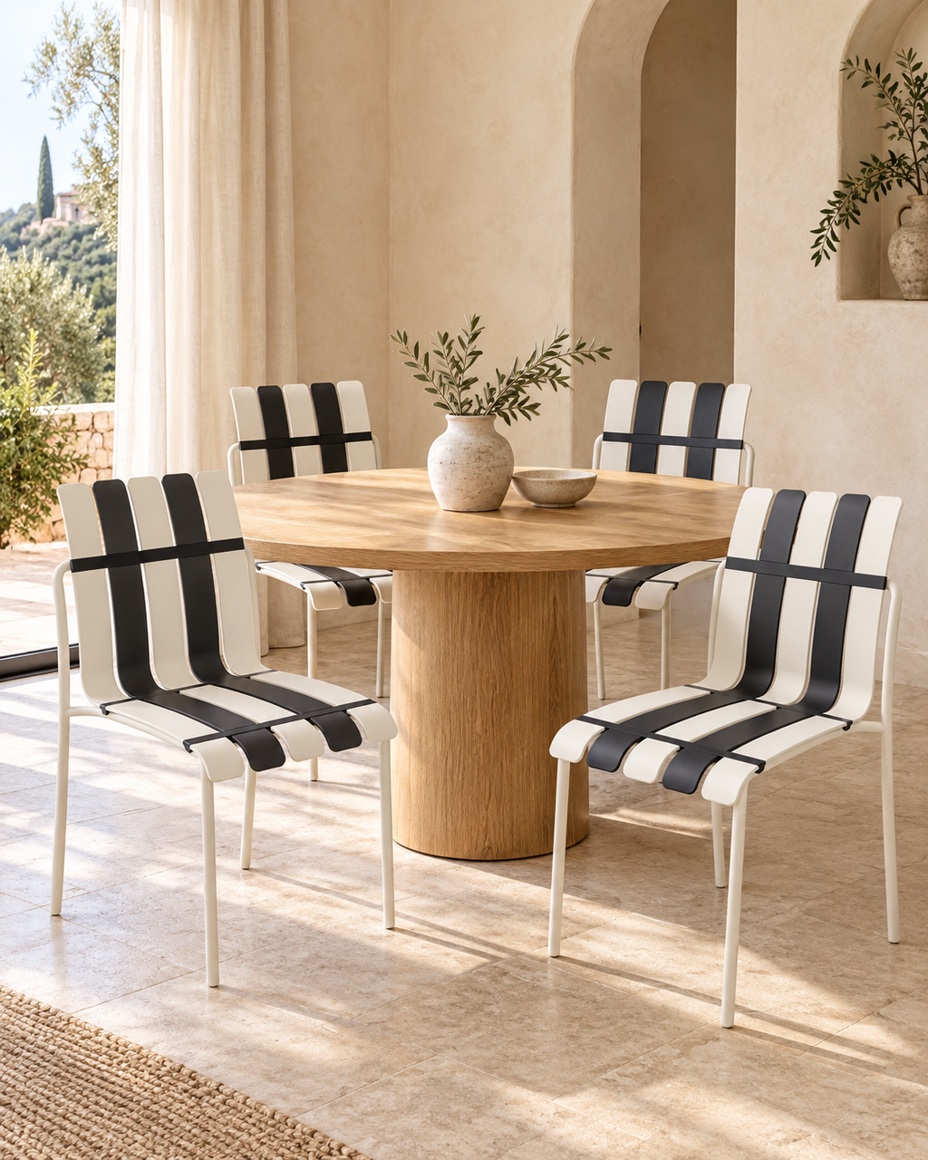Ondara Striped Dining Chairs, Black & White – Set of 4 styled in a dining room; table and accessories not included.