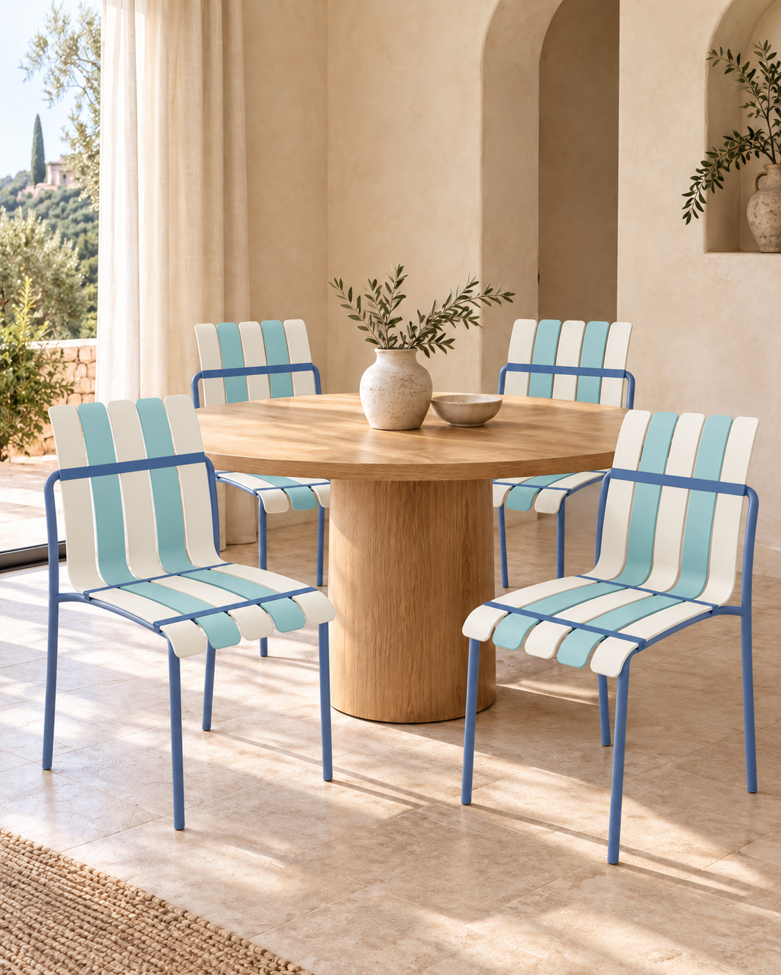 Ondara Striped Dining Chairs, Sea Blue & White – Set of 4 styled in a dining room; table and accessories not included.