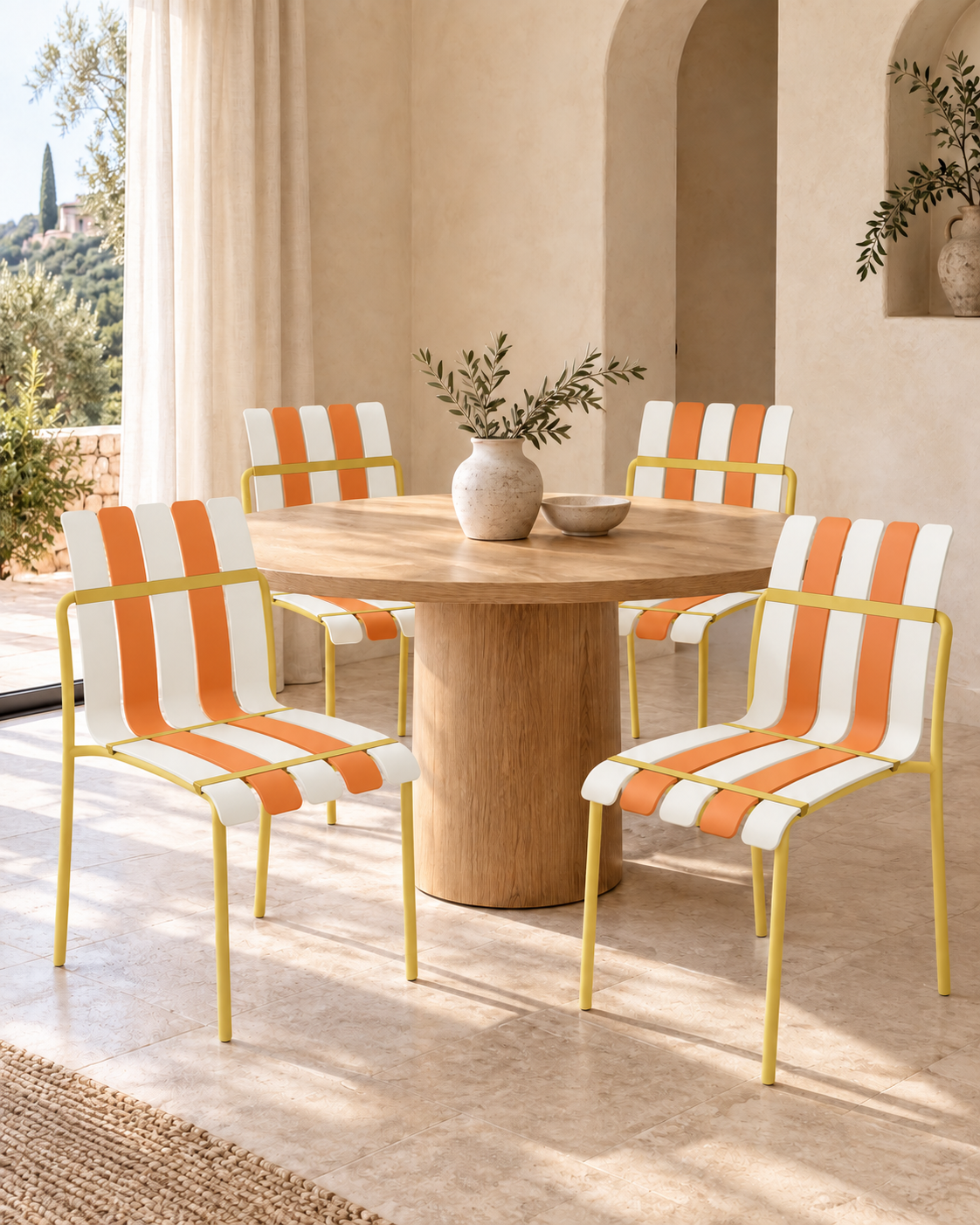 Ondara Striped Dining Chairs, Citrus Orange, Yellow & White – Set of 4 styled in a dining room; table and accessories not included.