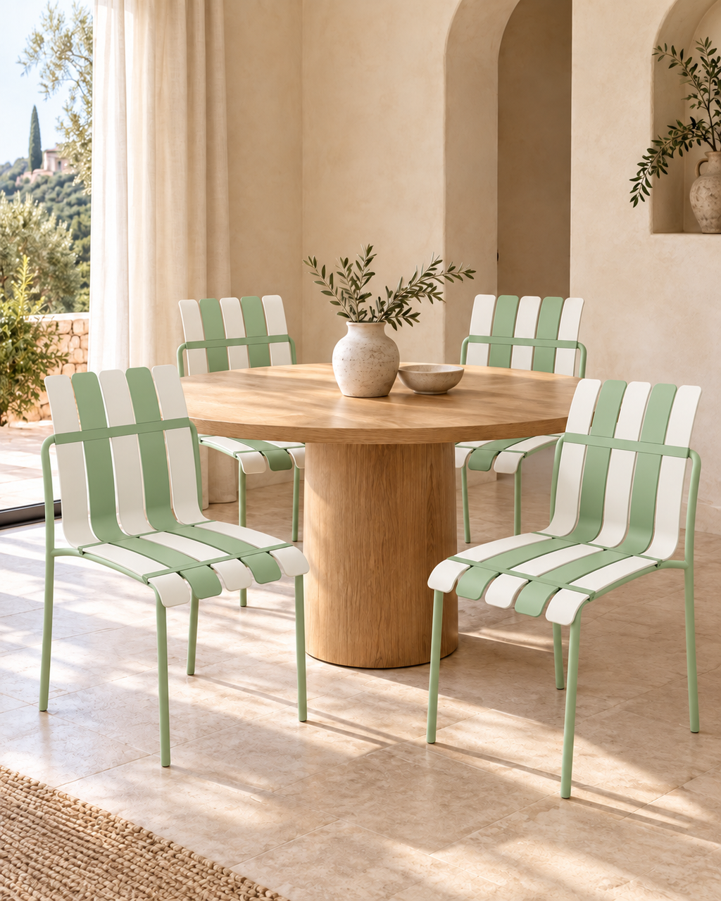 Ondara Striped Dining Chairs, Sage Green & White – Set of 4 styled in a dining room; table and accessories not included.