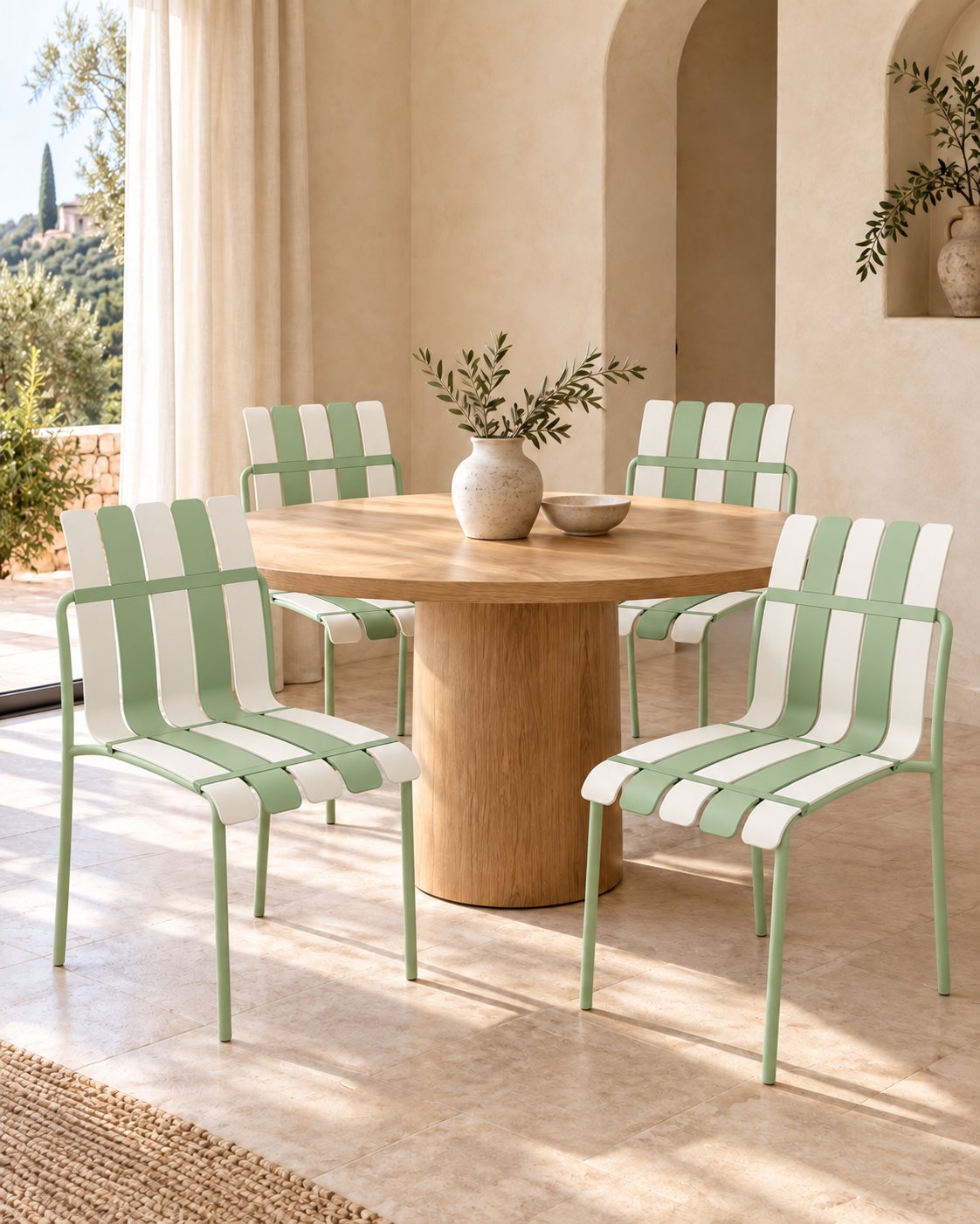 Ondara Striped Dining Chairs, Sage Green & White – Set of 4 styled in a dining room; table and accessories not included.