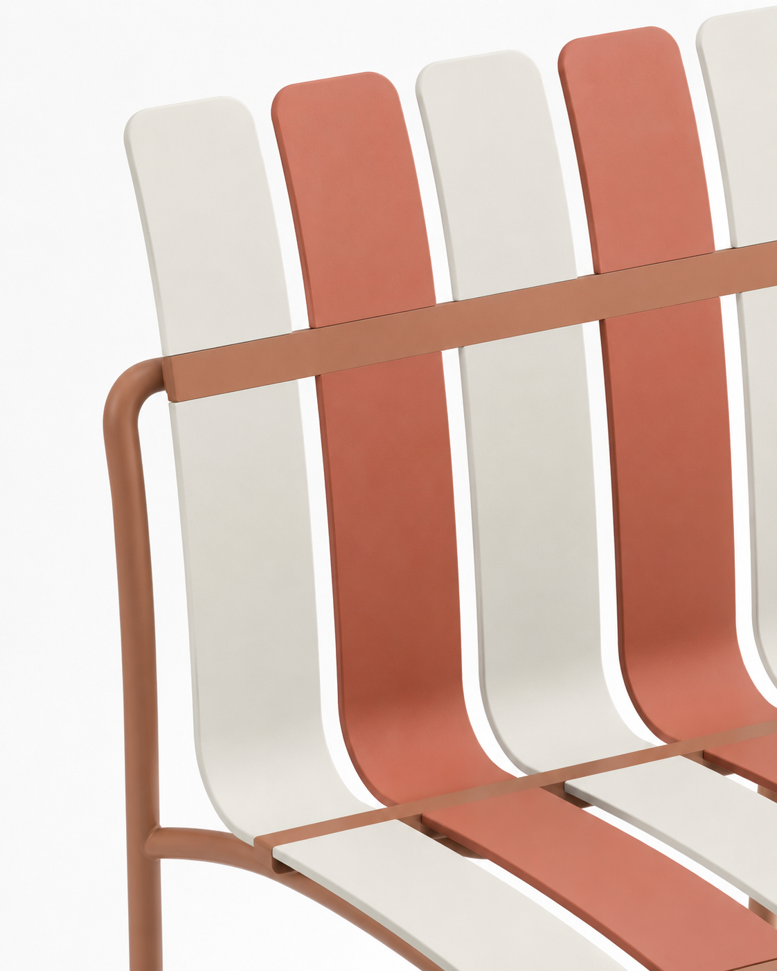 Close-up of the striped slats and metal frame of the Ondara dining chair in Nude Beige & White