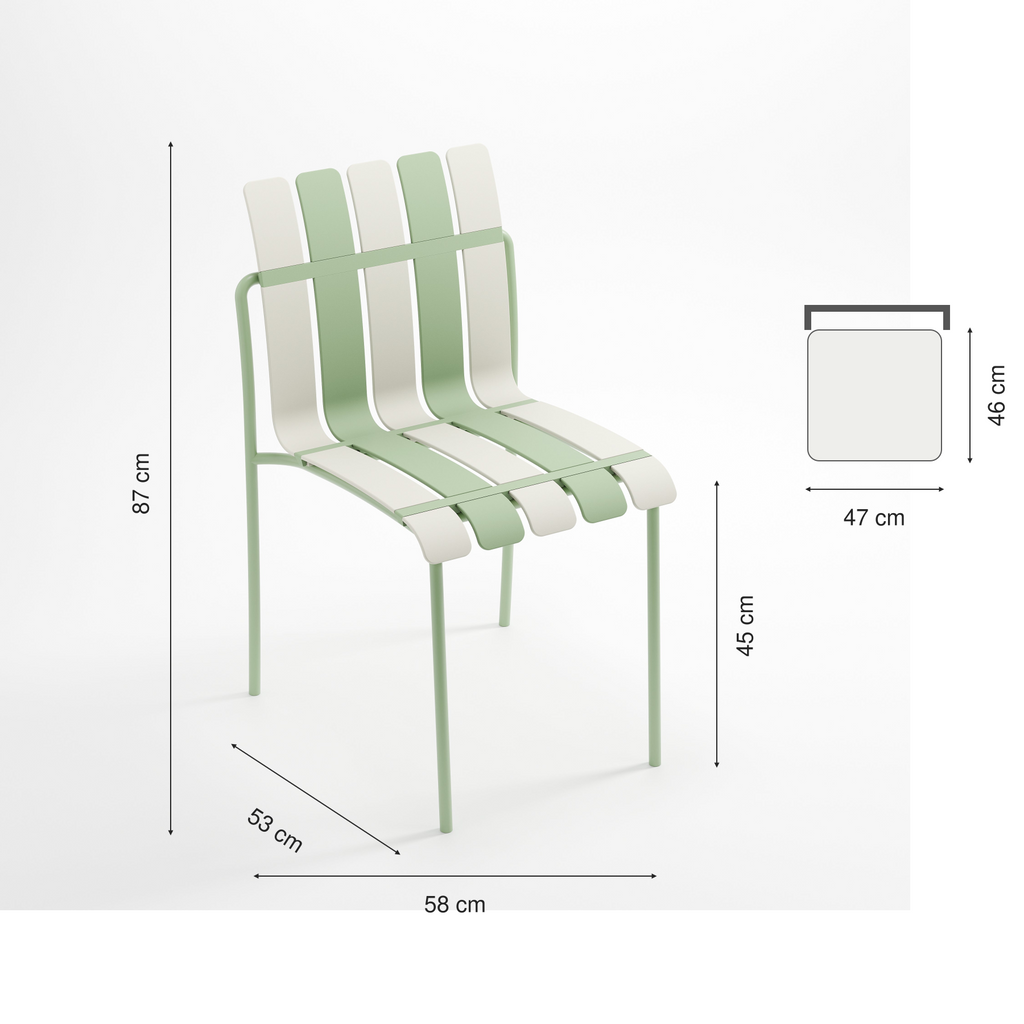 Ondara chair dimensions: height 87 cm, width 58 cm, depth 53 cm, seat height 45 cm, seat width 47 cm and depth 46 cm