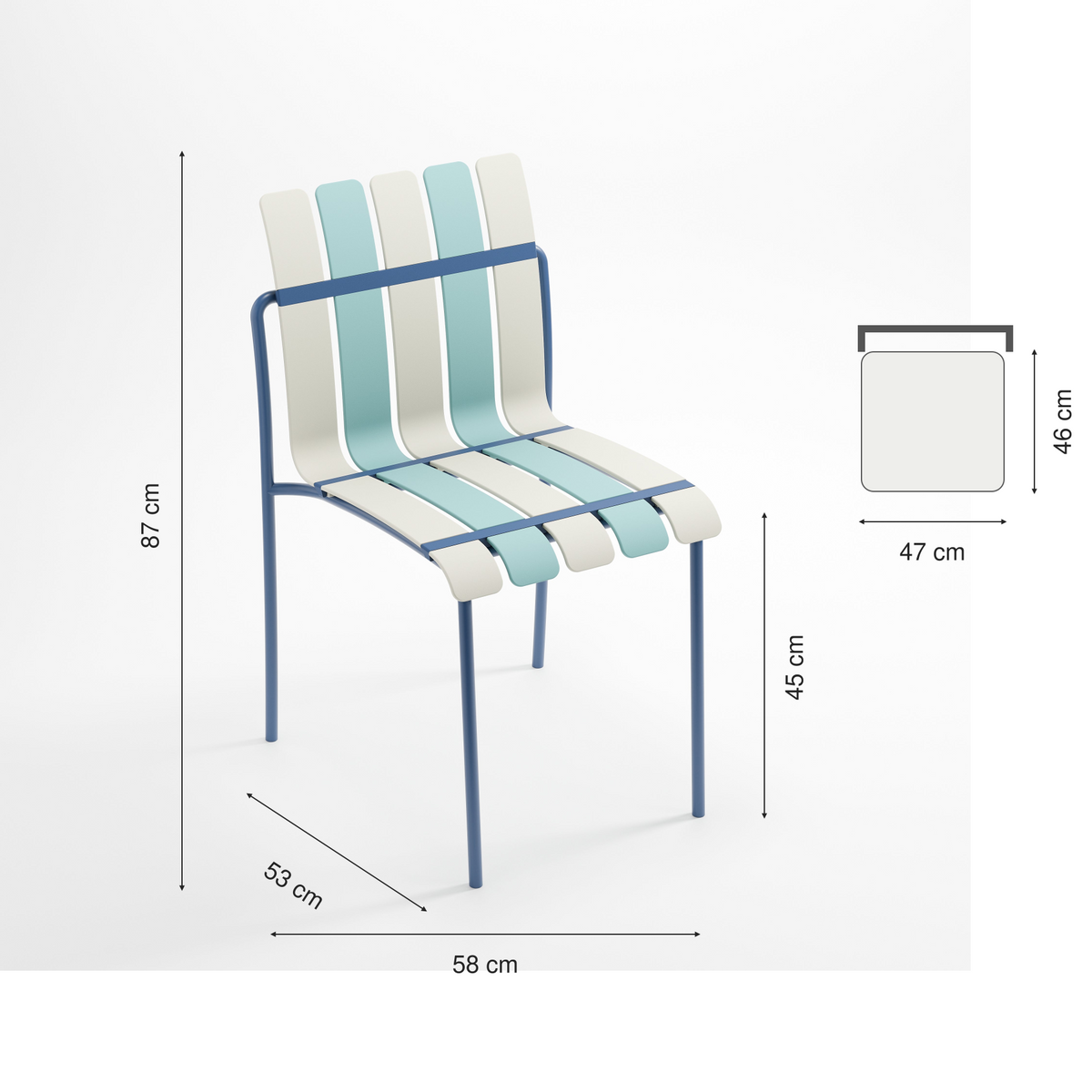 Ondara chair dimensions: height 87 cm, width 58 cm, depth 53 cm, seat height 45 cm, seat width 47 cm and depth 46 cm