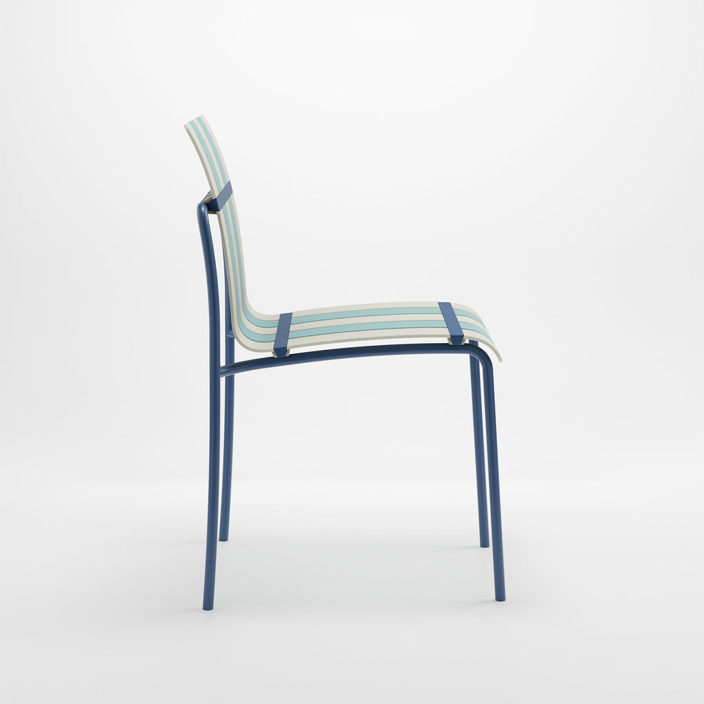 Side view of the Ondara dining chair in Sea Blue & White
