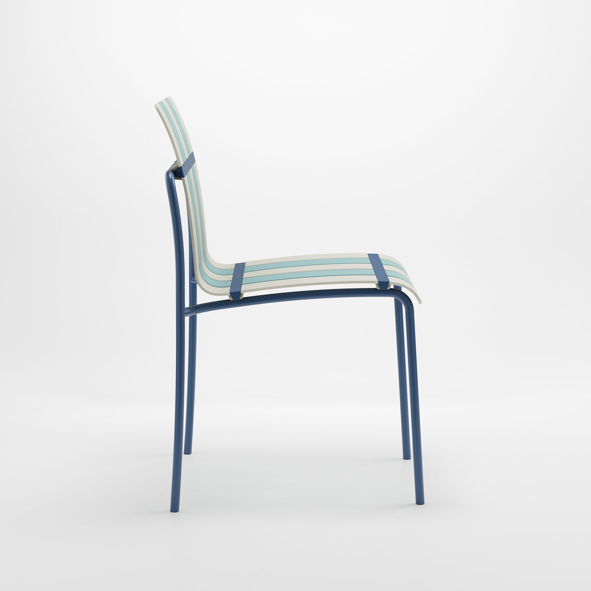 Side view of the Ondara dining chair in Sea Blue & White