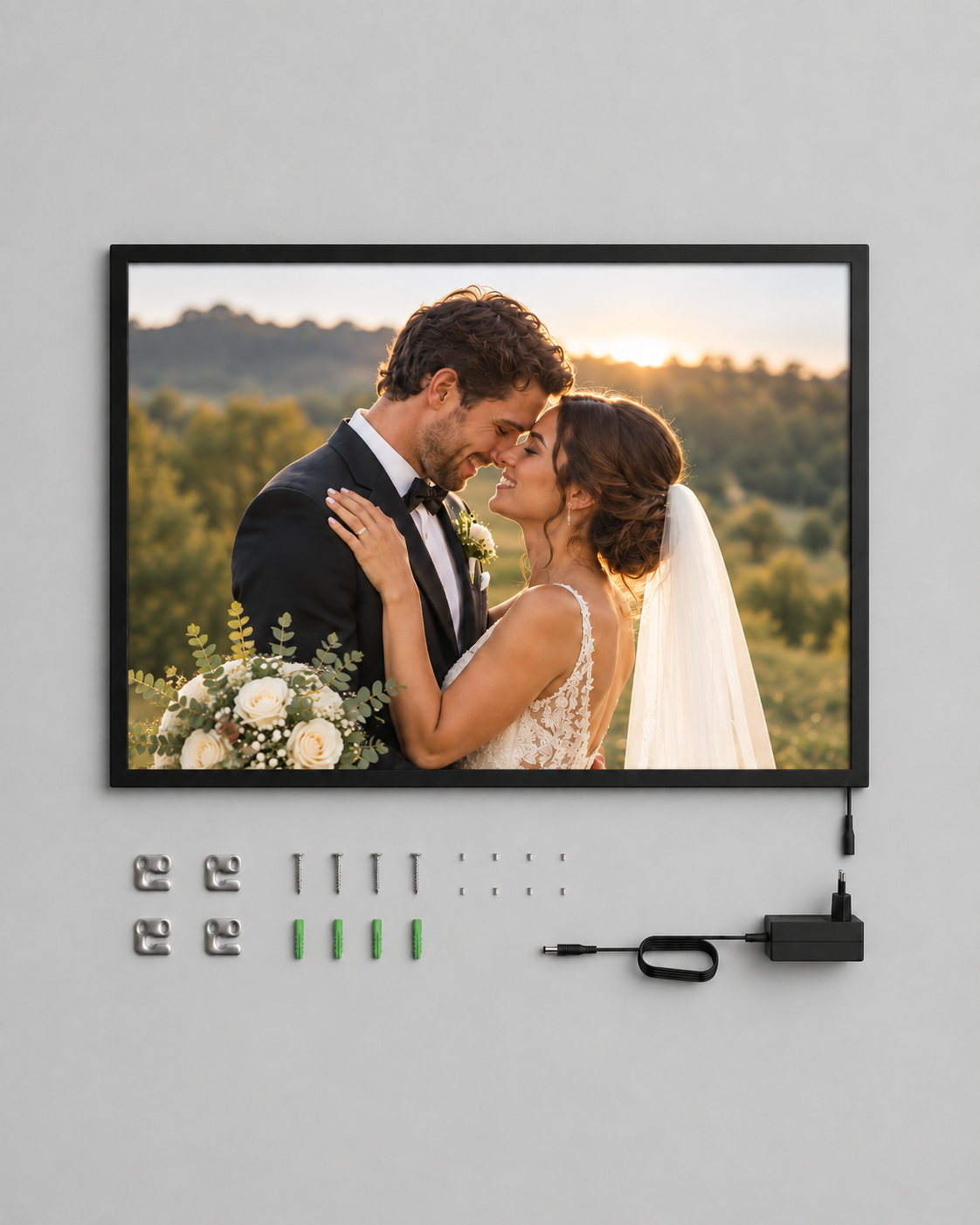 Printed photo frame with included EU mains adapter and wall mounting accessories