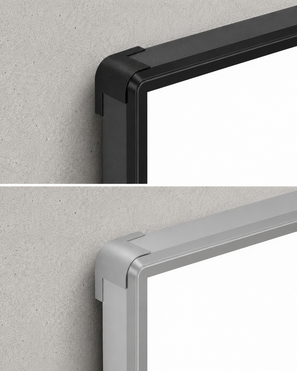Close-up comparison of black and silver aluminium frame finishes