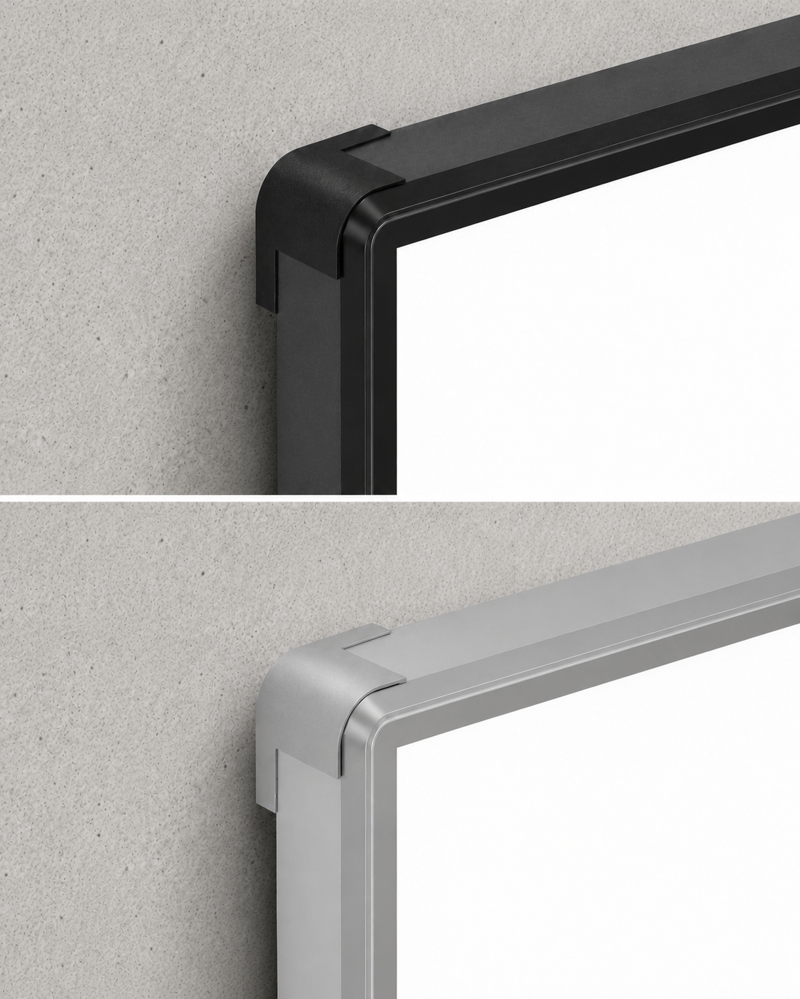 Close-up comparison of black and silver aluminium frame finishes