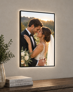 Personalised LED photo frame displaying a wedding portrait with subtle illumination