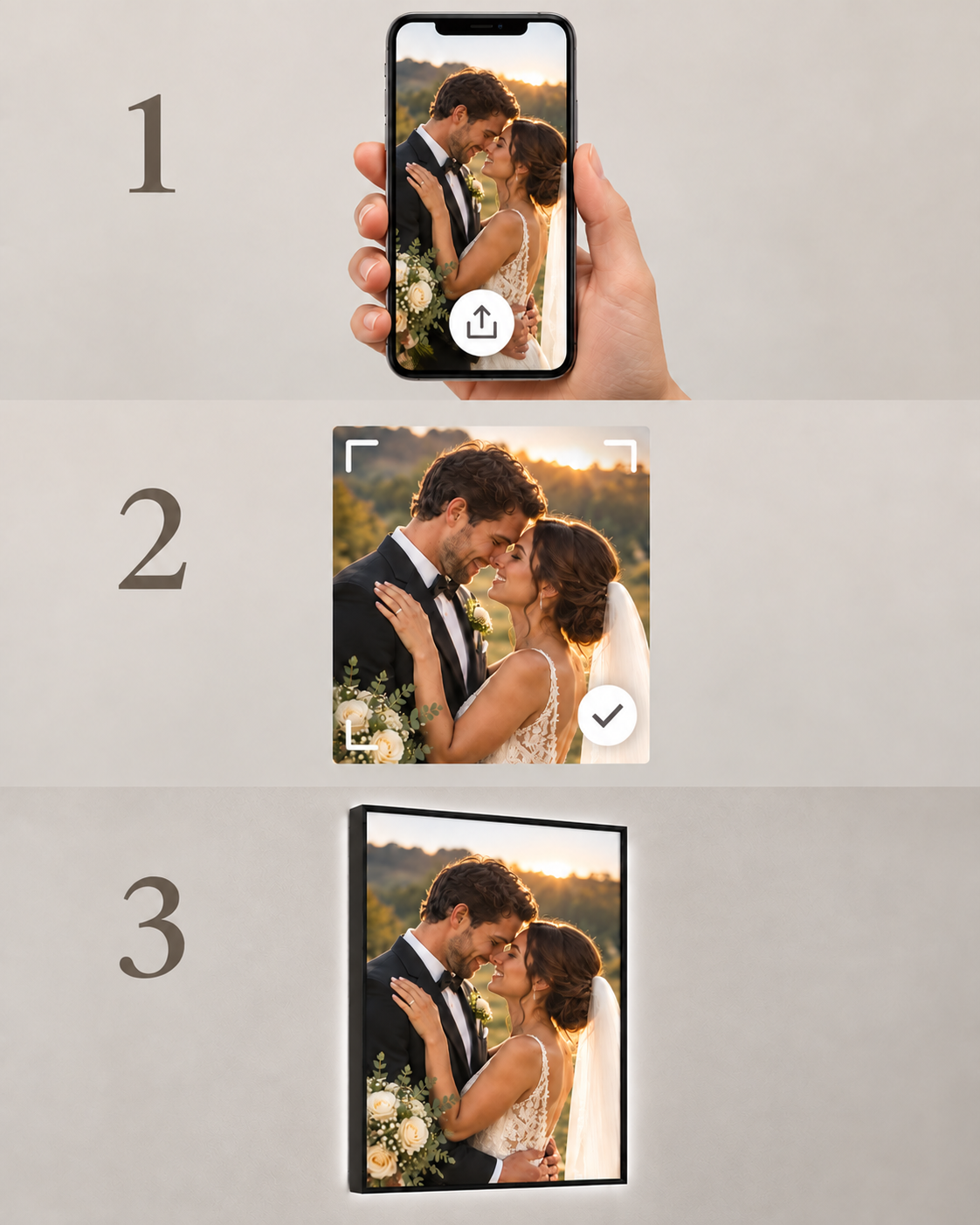 Upload your photo, adjust the crop and preview, then receive your assembled illuminated frame