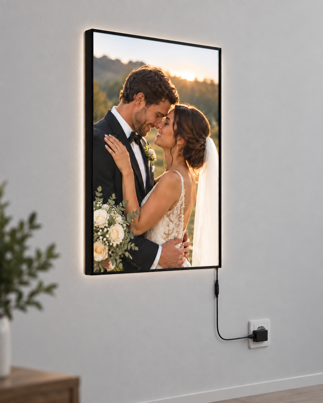 Illustrative wall installation showing the photo frame connected by cable to an EU mains socket