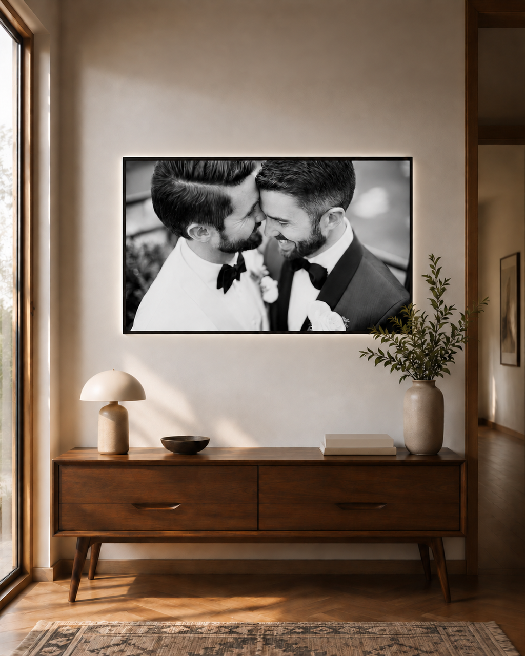 Landscape illuminated wedding photo frame above a wooden console