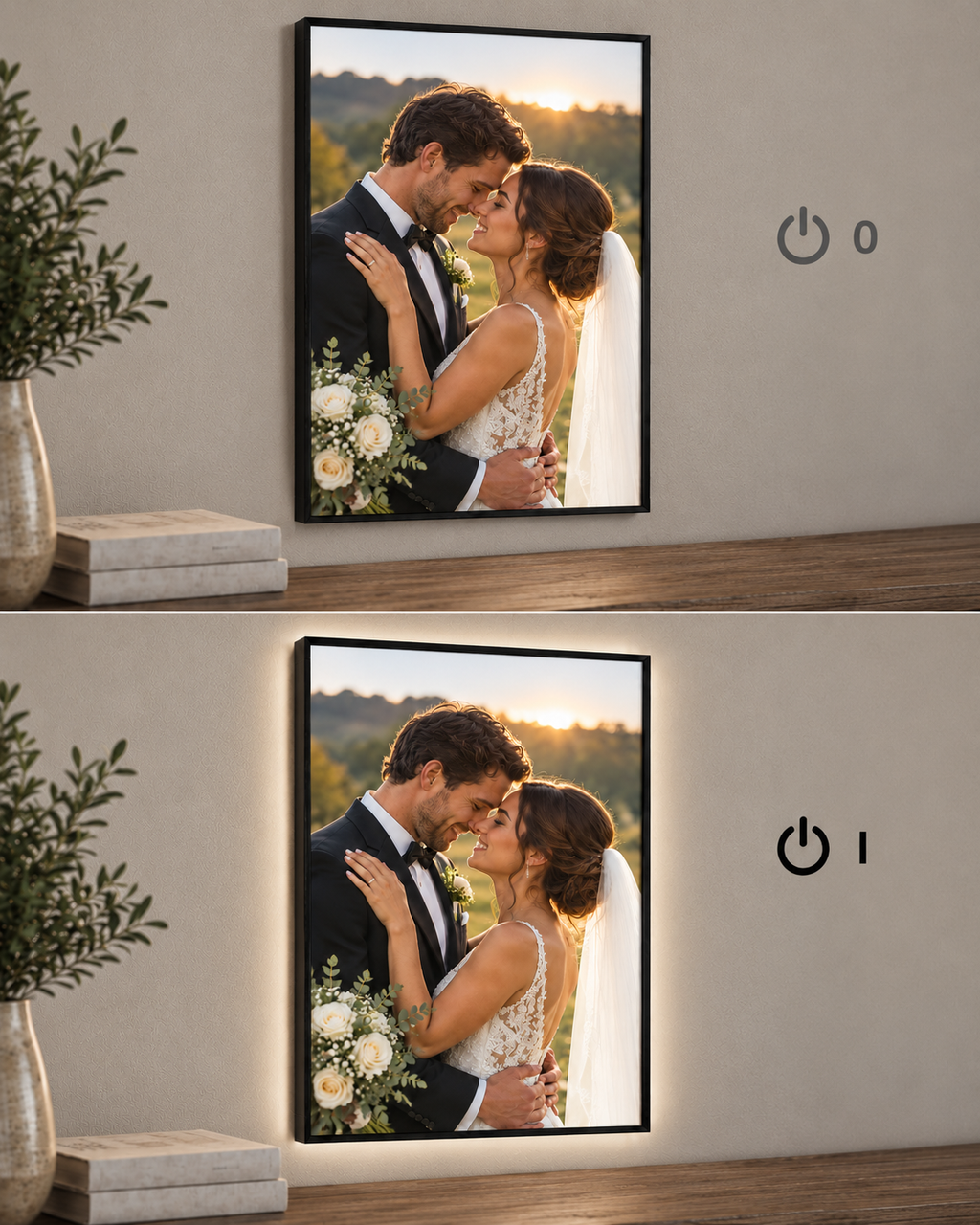 Illustrative comparison of the same printed photo frame with LED lighting off and on