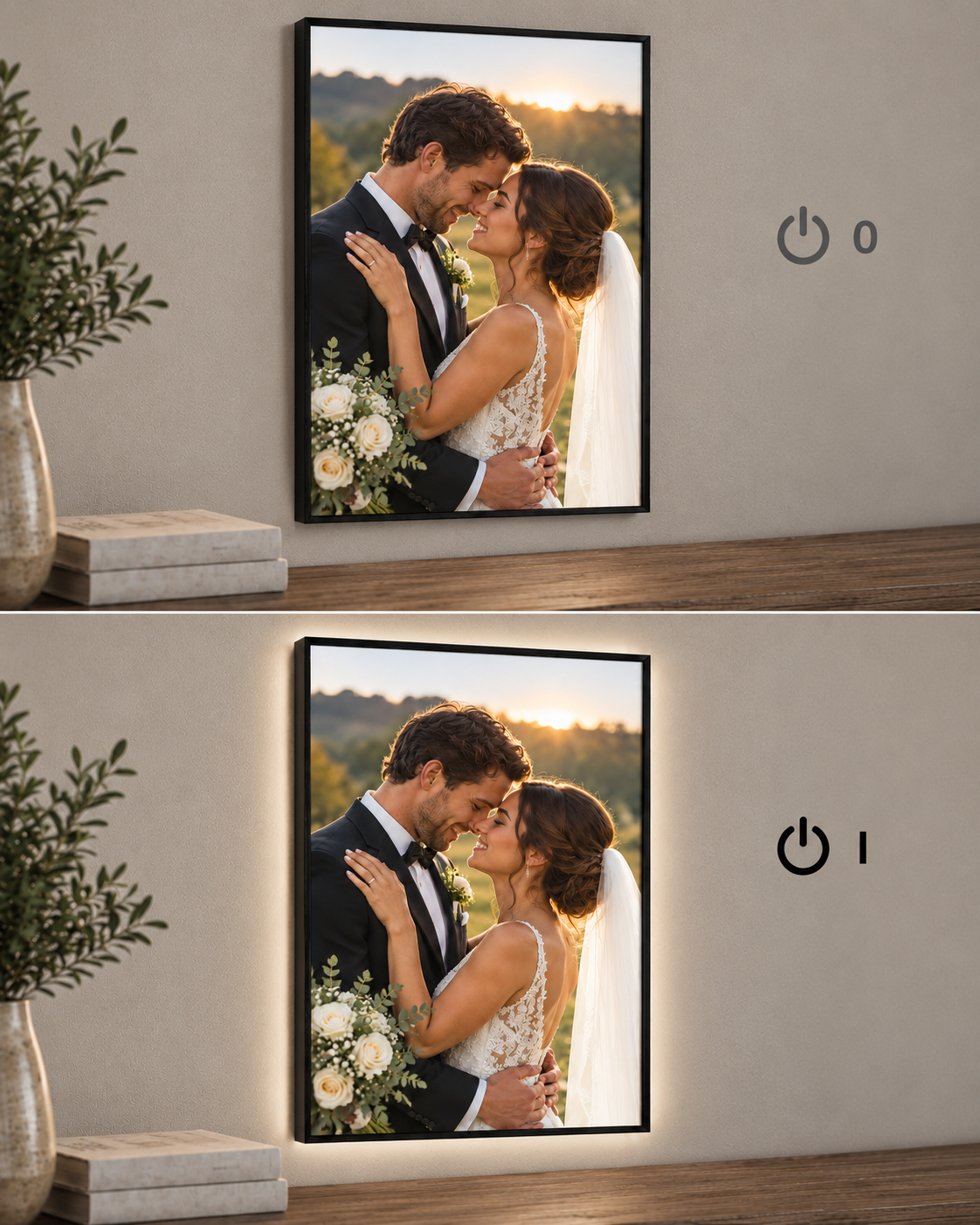 Illustrative comparison of the same printed photo frame with LED lighting off and on