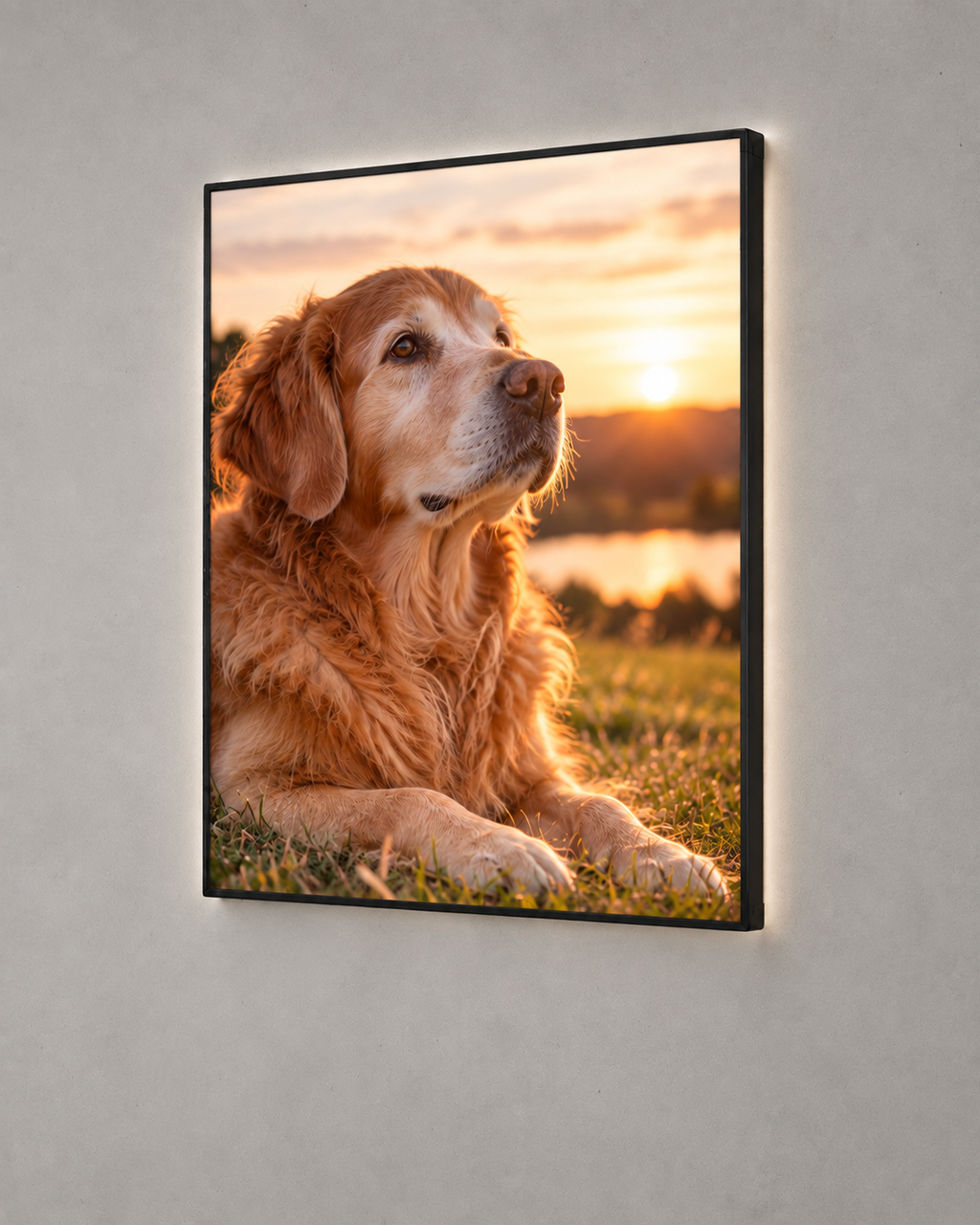 Personalised LED photo frame with a golden retriever portrait