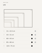 Frame sizes to scale: 31 × 22.5, 43 × 31, 60 × 43, 85 × 60 and 120 × 75 cm, with available black and silver finishes