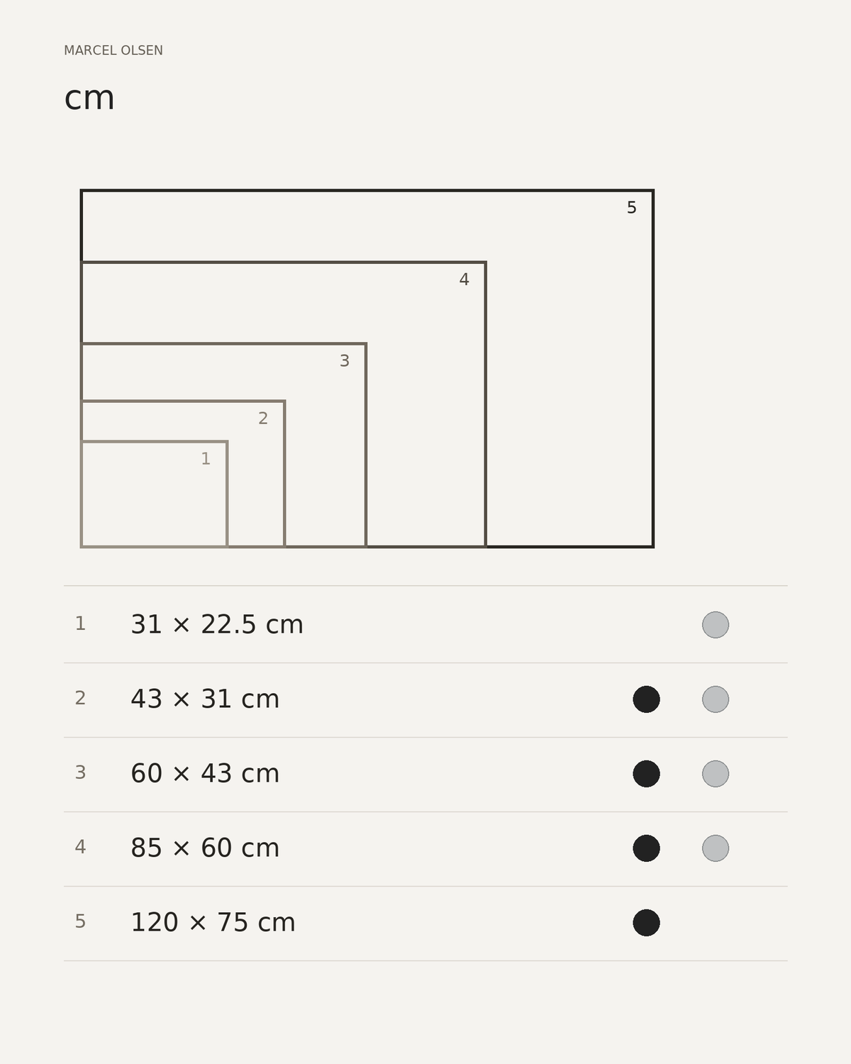 Frame sizes to scale: 31 × 22.5, 43 × 31, 60 × 43, 85 × 60 and 120 × 75 cm, with available black and silver finishes