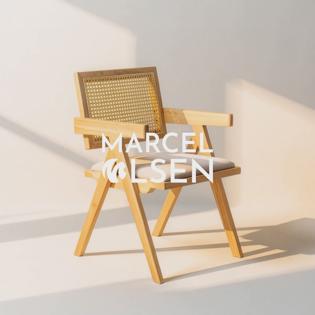 Chiva Rattan & Wood Dining Chair (Natural) – Rustic Boho Upholstered Chair with Armrests - Marcel Olsen